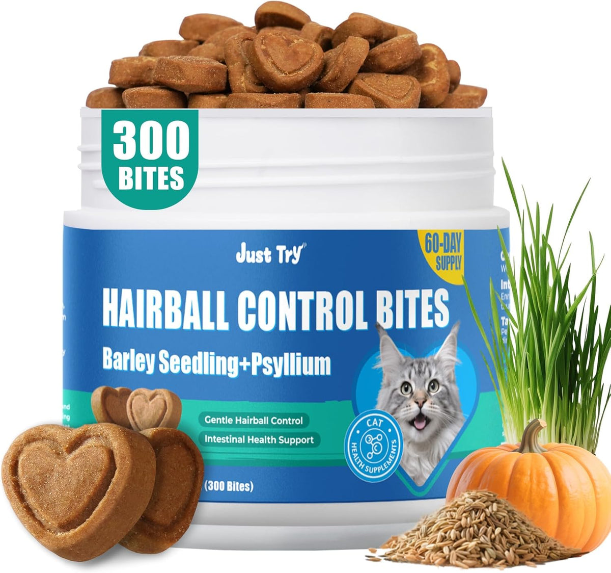 JUSTTRY Cat Grass Bites with Chicken, Pumpkin & Omega-3 – Digestive Support, 300 BitesCat Supplements
