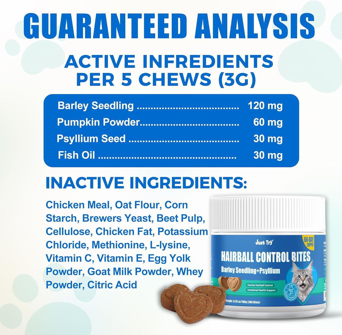 JUSTTRY Cat Grass Bites with Chicken, Pumpkin & Omega-3 – Digestive Support, 300 BitesCat Supplements