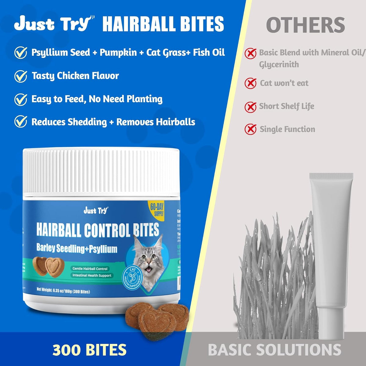 JUSTTRY Cat Grass Bites with Chicken, Pumpkin & Omega-3 – Digestive Support, 300 BitesCat Supplements
