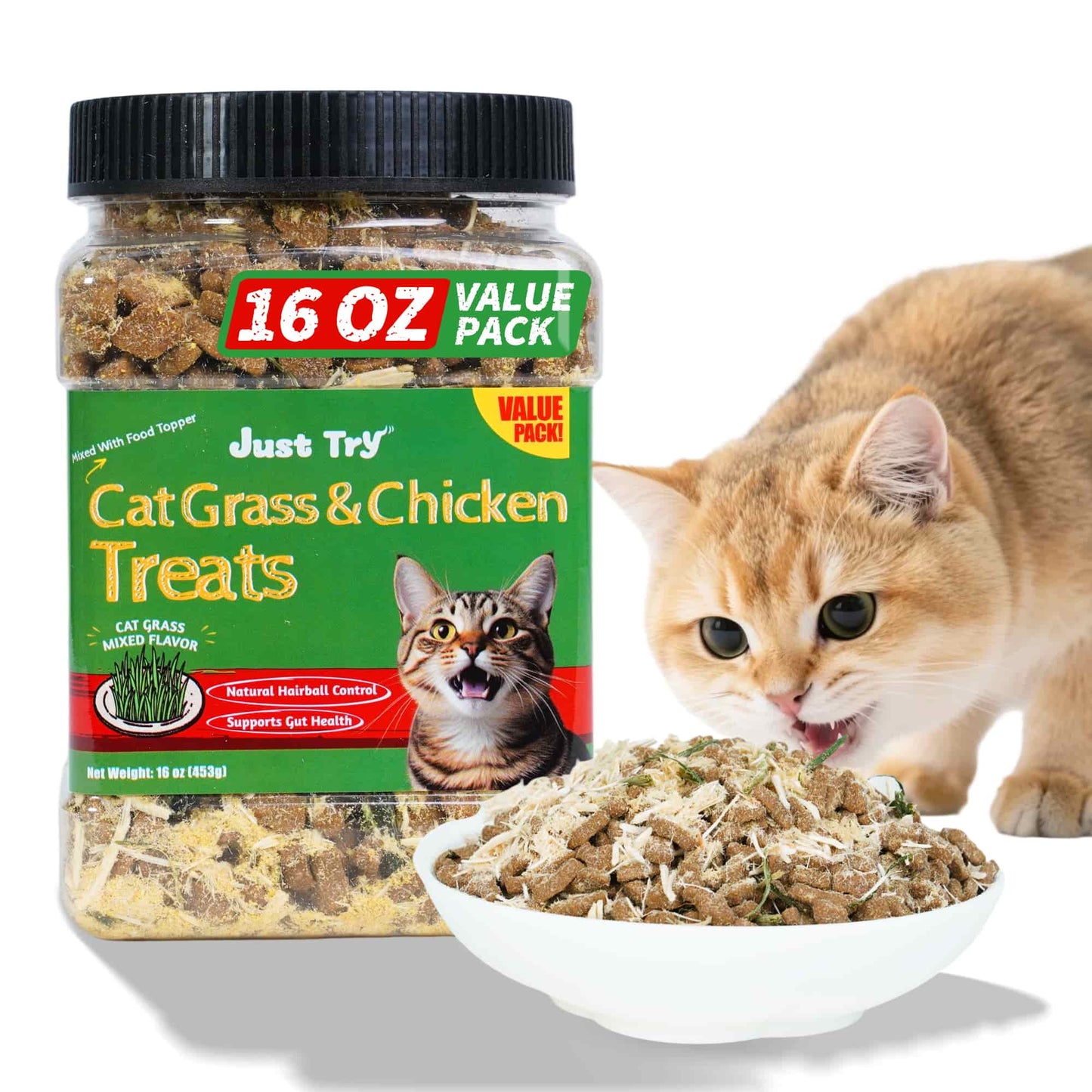 JUSTTRY Cat Grass & Chicken Cat Treats, High Protein Indoor Cat Snacks for Training & Daily Enjoyment, 16ozJustTry