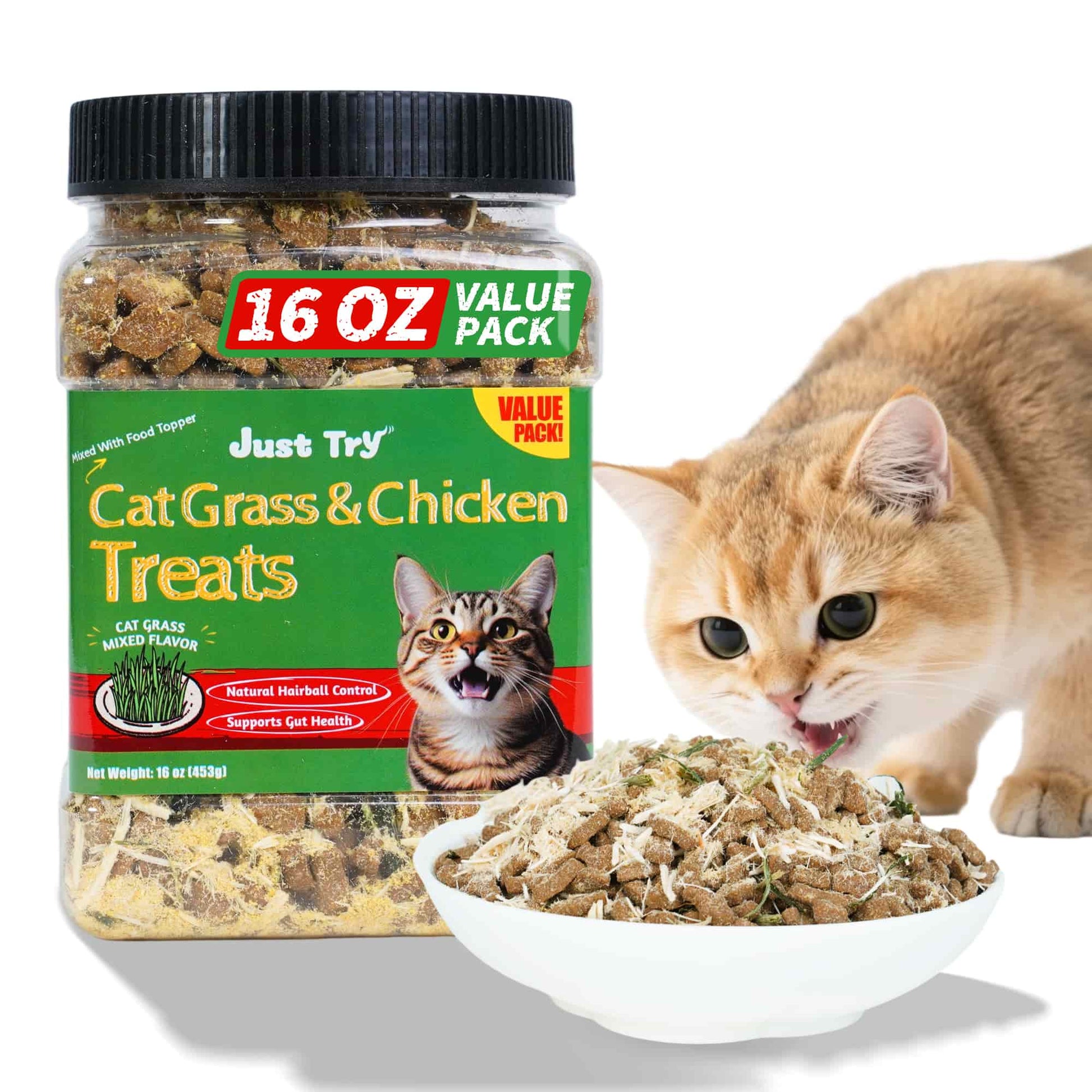 JUSTTRY Cat Grass & Chicken Cat Treats, High Protein Indoor Cat Snacks for Training & Daily Enjoyment, 16ozJustTry