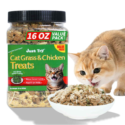 JUSTTRY Cat Grass & Chicken Cat Treats, High Protein Indoor Cat Snacks for Training & Daily Enjoyment, 16ozJustTry
