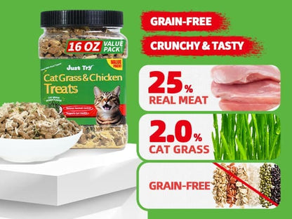 JUSTTRY Cat Grass & Chicken Cat Treats, High Protein Indoor Cat Snacks for Training & Daily Enjoyment, 16ozJustTry
