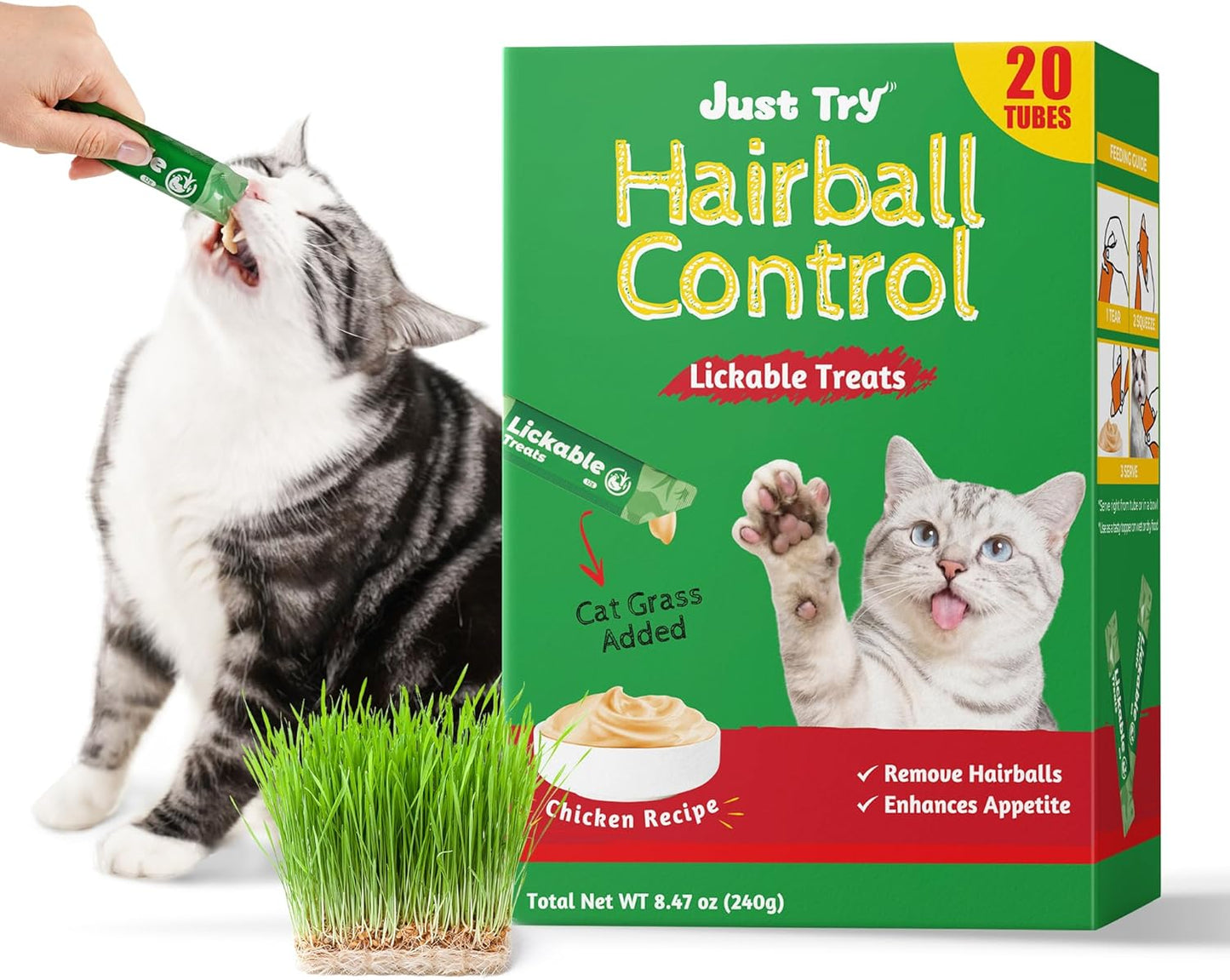 JUSTTRY Cat Grass Lickable Puree Treats – 20 Tubes with Taurine & Vitamin E for Hairball Control, 0.5oz EachCat lickable