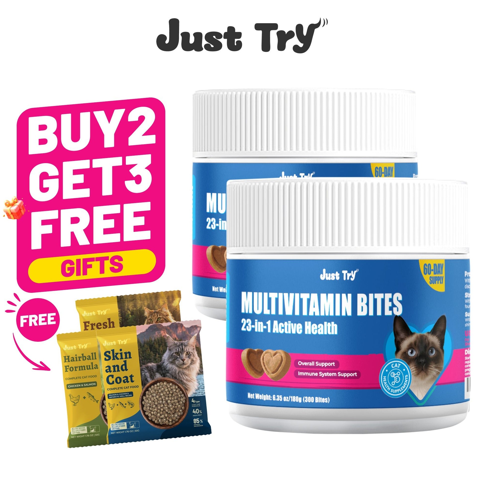 JUSTTRY Cat Multivitamin Bites – 300 Bites, Taurine, Lysine & Omega-3 Fish Oil Daily Supplements for Immune, Skin, Coat & Heart Support, 6.35ozCat Supplements