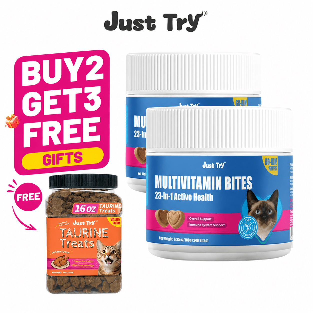 JUSTTRY Cat Multivitamin Bites – 300 Bites, Taurine, Lysine & Omega-3 Fish Oil Daily Supplements for Immune, Skin, Coat & Heart Support, 6.35ozCat Supplements