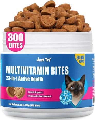 JUSTTRY Cat Multivitamin Bites – 300 Bites, Taurine, Lysine & Omega-3 Fish Oil Daily Supplements for Immune, Skin, Coat & Heart Support, 6.35ozJust Try