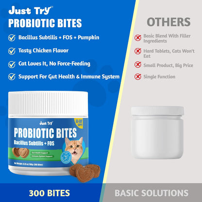 JUSTTRY Cat Probiotic Bites – For Cat Digestive Support & Cat Constipation Relief Chicken Flavored Cat Supplements, 6.35oz, 300 BitesCat Supplements