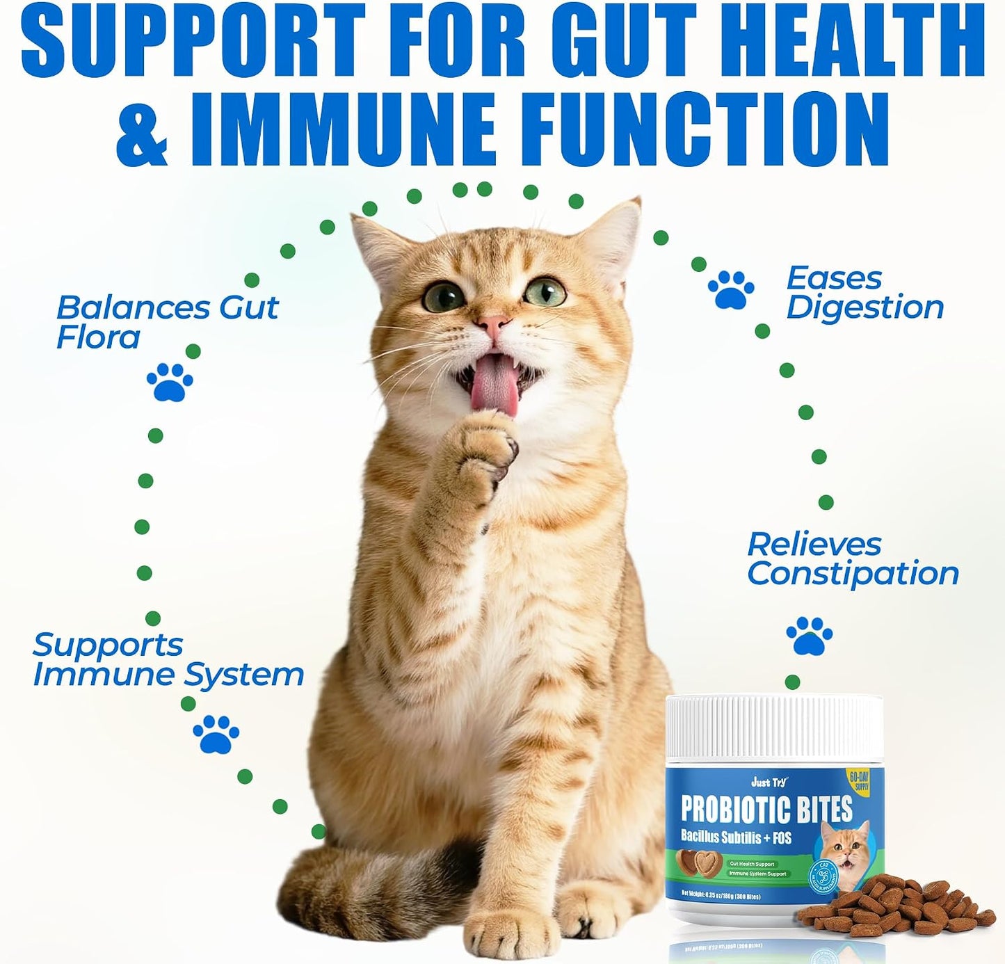 JUSTTRY Cat Probiotic Bites – For Cat Digestive Support & Cat Constipation Relief Chicken Flavored Cat Supplements, 6.35oz, 300 BitesCat Supplements