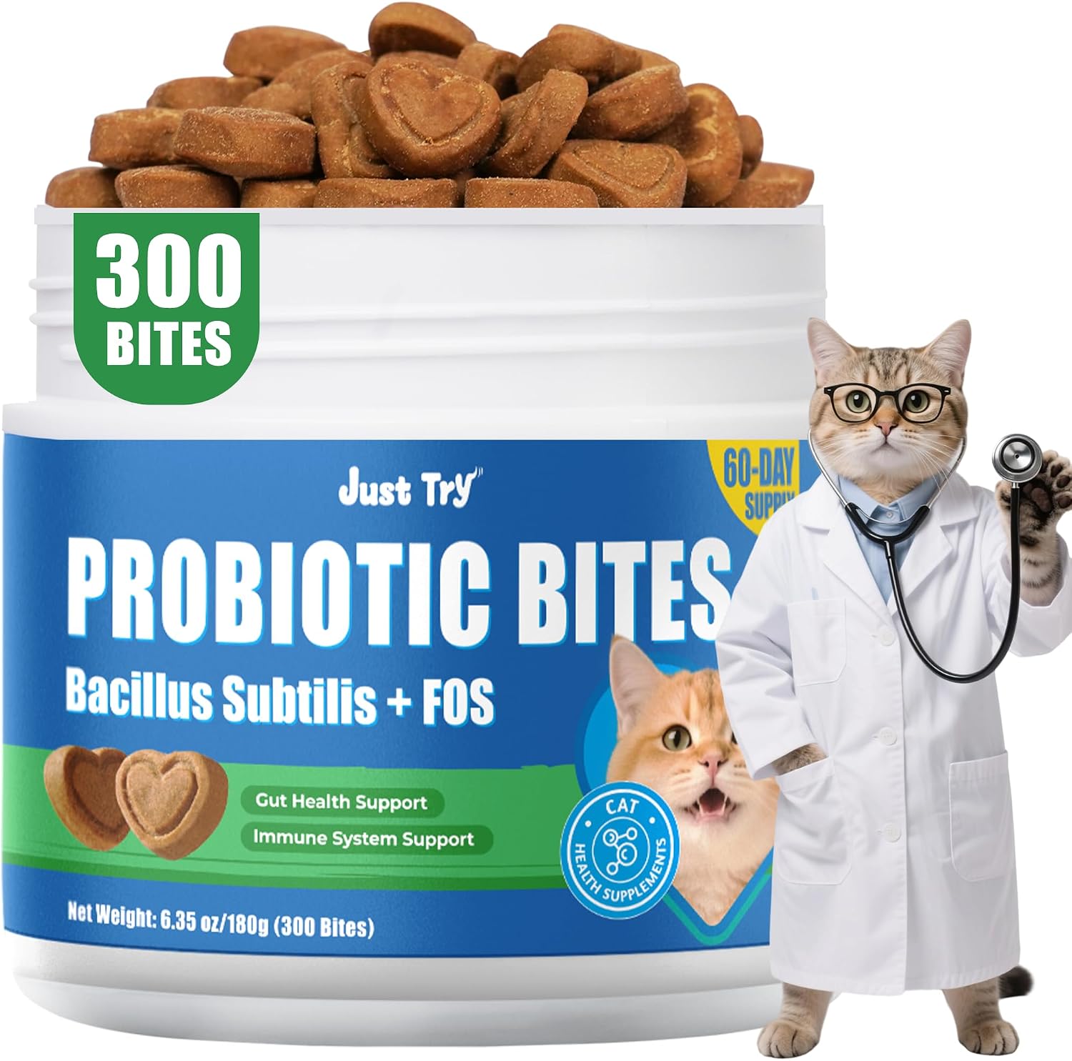 JUSTTRY Cat Probiotic Bites – For Cat Digestive Support & Cat Constipation Relief Chicken Flavored Cat Supplements, 6.35oz, 300 BitesCat Supplements