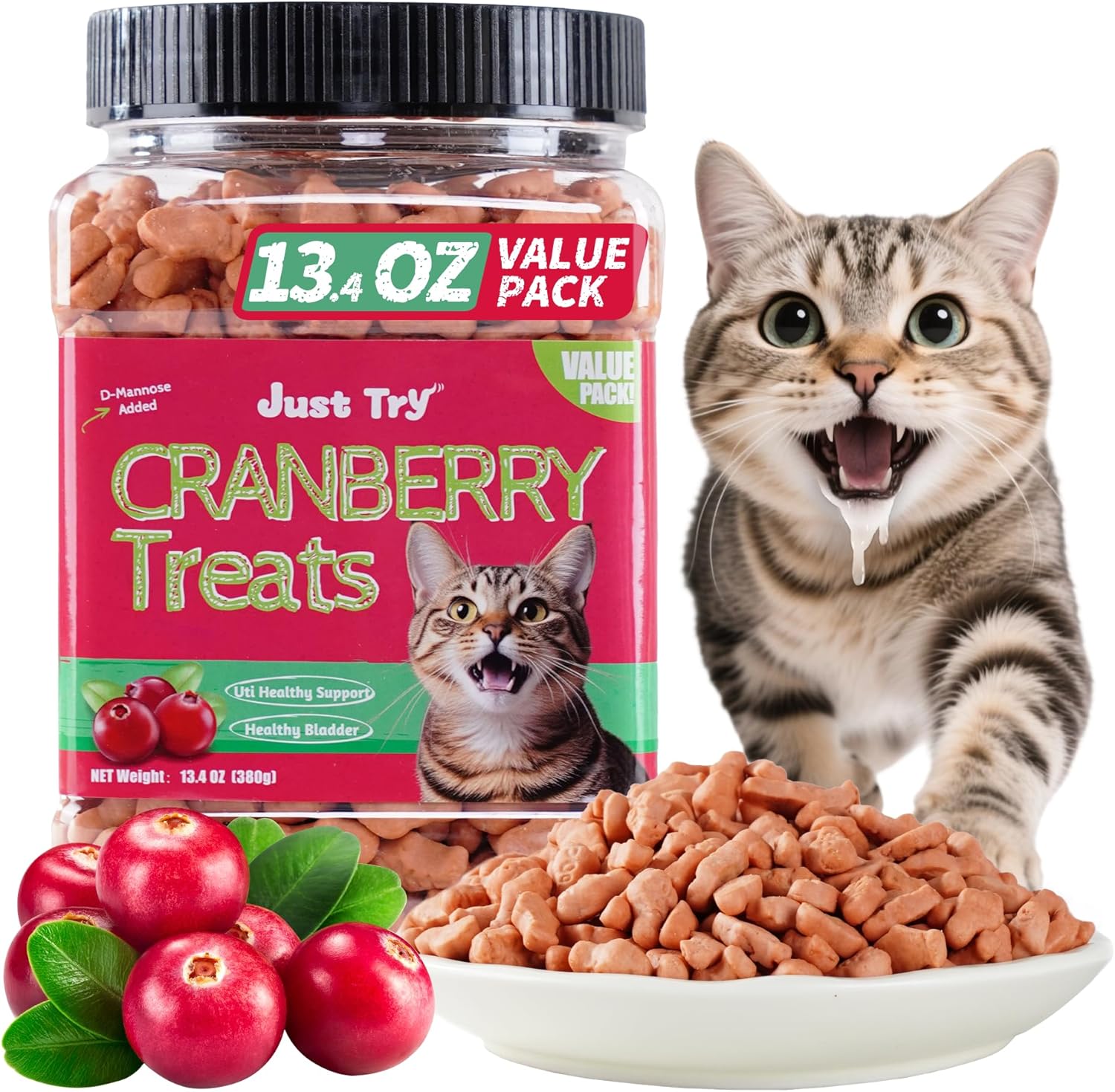 JUSTTRY Cranberry Cat Treats –Cranberry & D-Mannose for Urinary Tract Health & Kidney Support，13.4ozCat Treats