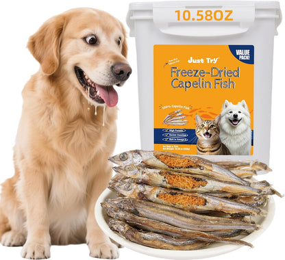 JUSTTRY Freeze-Dried Capelin Fish – Raw Dog Treats,Single-Ingredient Dog & Cat Snacks, High-Protein & Omega-3 for Skin Health, 10.58ozCat Dog Freeze-dried