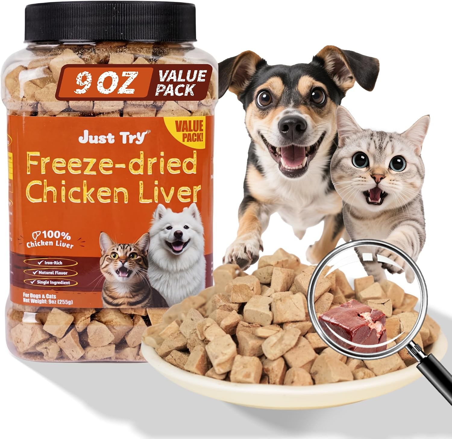 JUSTTRY Freeze-Dried Chicken Liver, Single-Ingredient Pet Treats for Dogs & Cats, 8.71ozCat Dog Freeze-dried