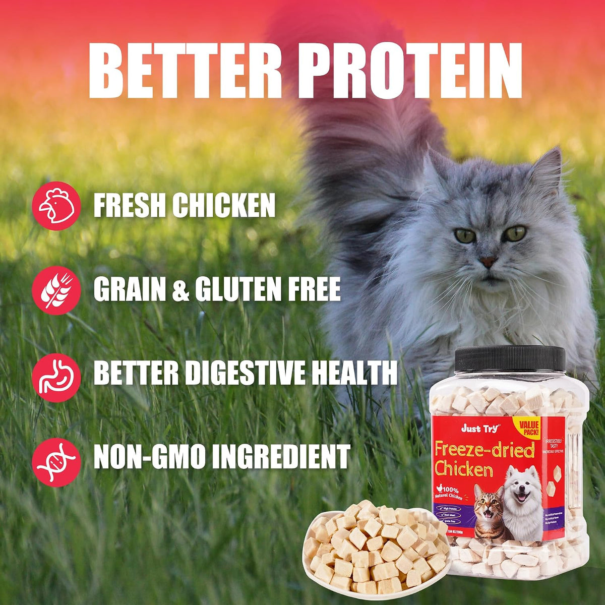 JUSTTRY Freeze-Dried Chicken Treats – High-Protein, Grain-Free Dog & Cat Treats for Training & Raw Food, 7.05ozCat Dog Freeze-dried