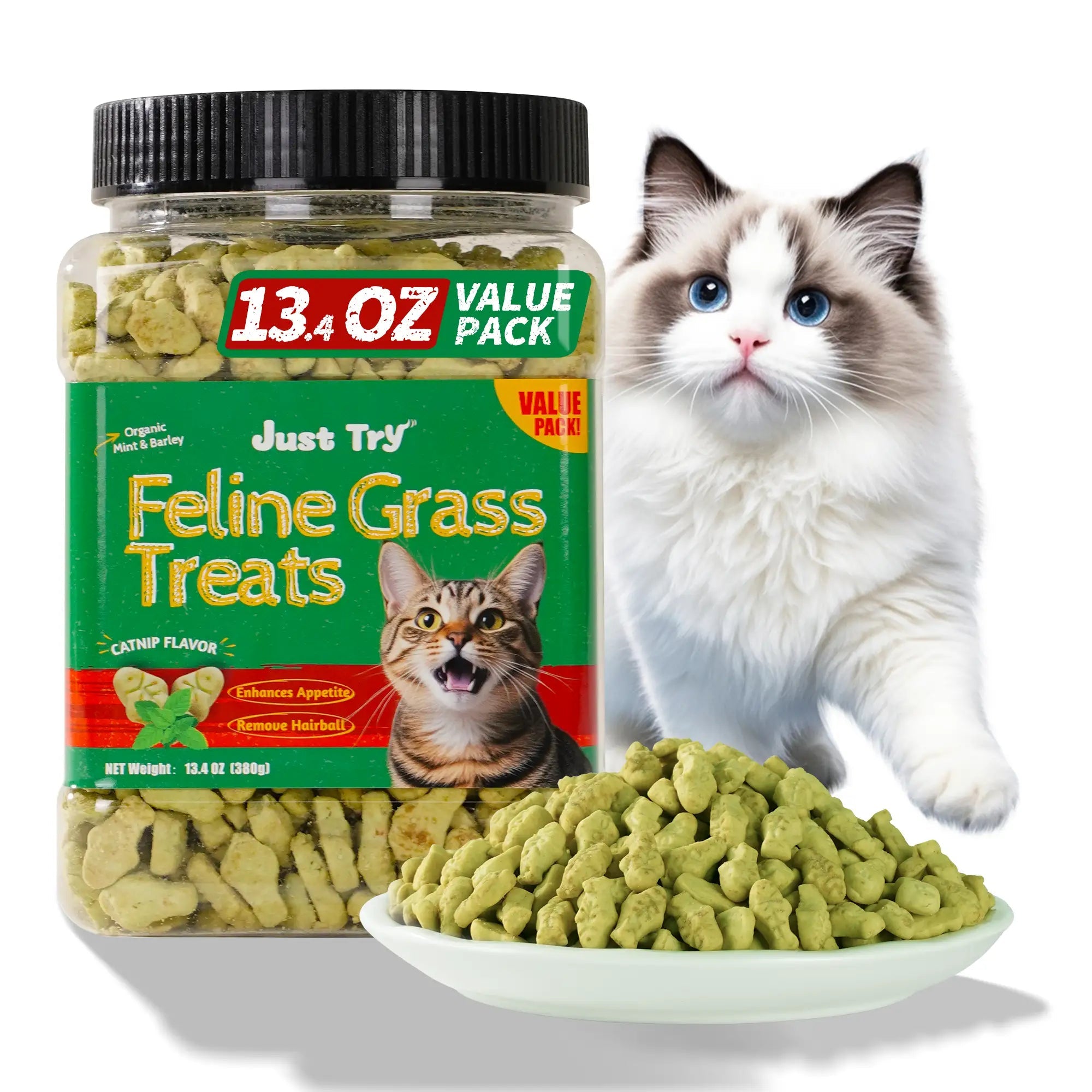 JUSTTRY Natural Cat Grass Treats for Cats, Tasty Catnip Snacks, 13.4ozCat Treats