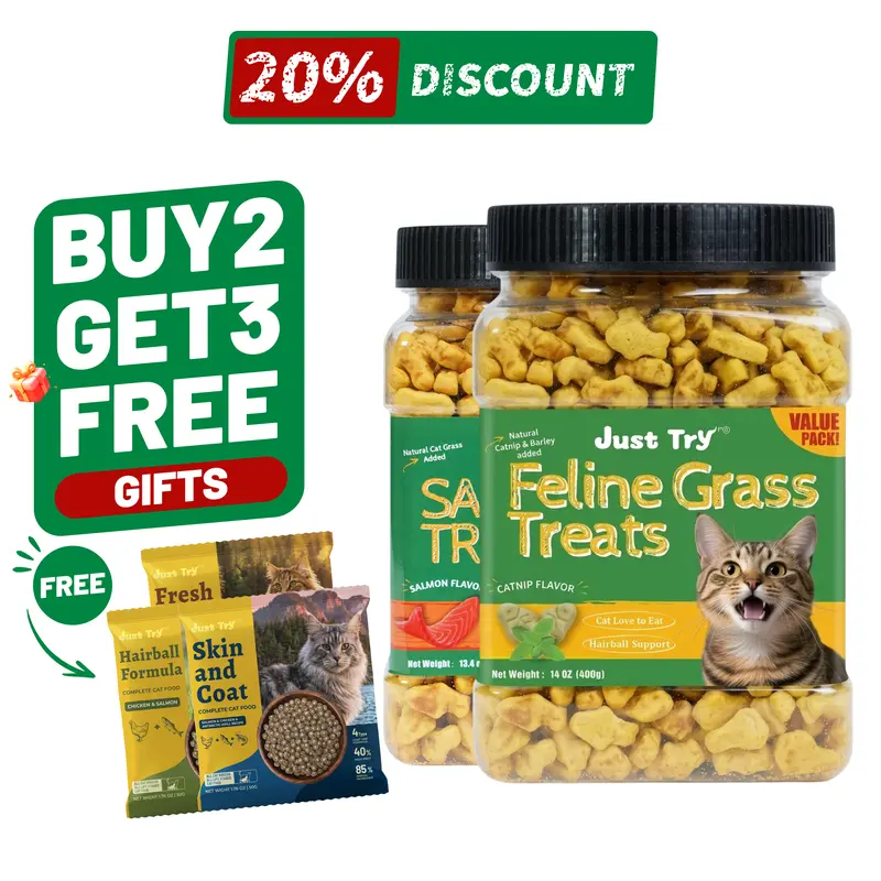 JUSTTRY Natural Cat Grass Treats Hairball Relief & Dental Care 14ozCat Treats