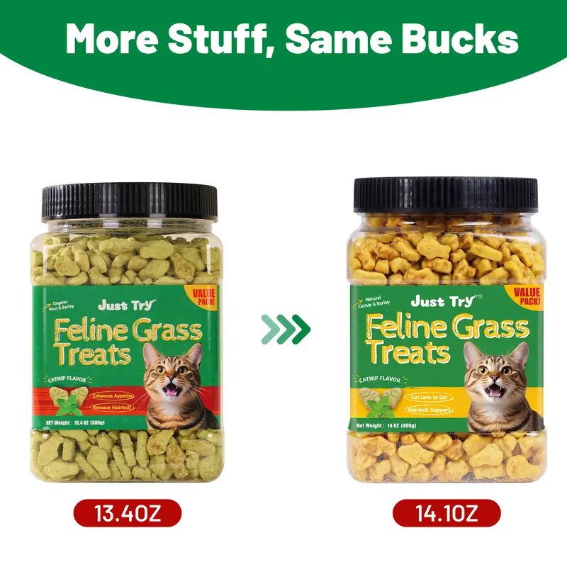 JUSTTRY Natural Cat Grass Treats Hairball Relief & Dental Care 14ozCat Treats