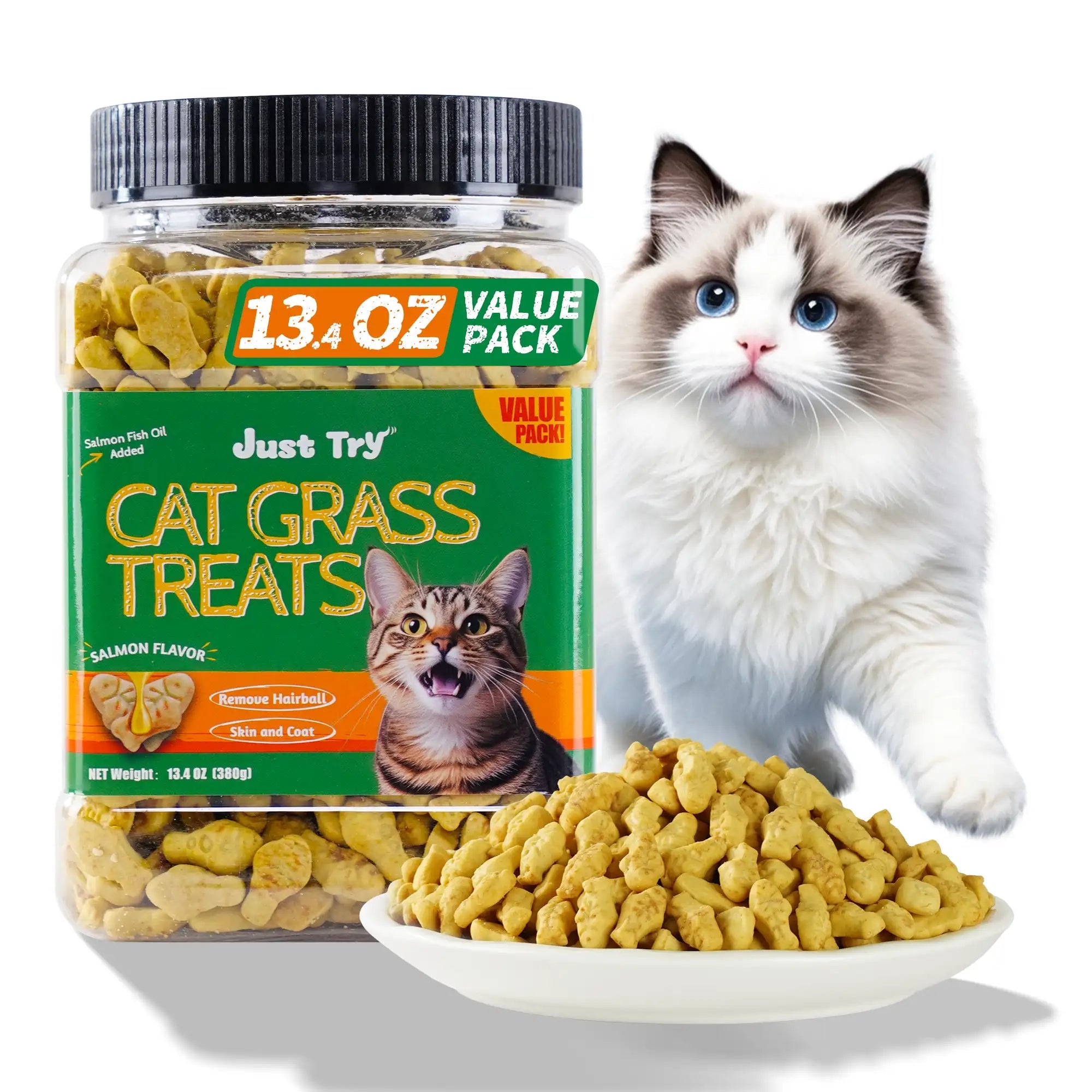 JUSTTRY Salmon Oil Cat Treats – Natural Flavor with Salmon Oil & Cat Grass, Omega-3 for Kittens & Adult Cats, 13.4ozCat Treats