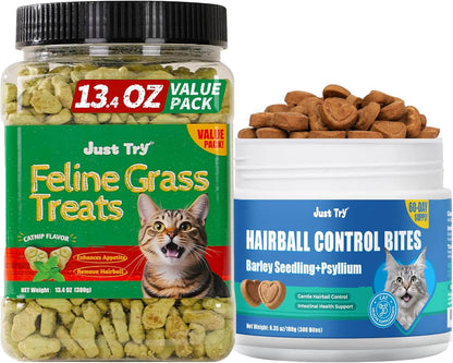 Natural Cat Grass Treats for Hairball Relief & Dental Care – Tasty Catnip Snacks by JUSTTRY, 13.4ozCat Treats