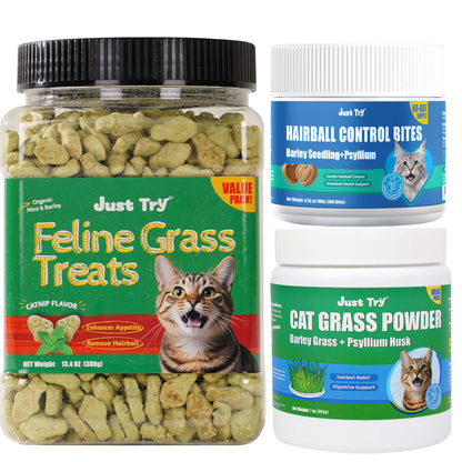 Natural Cat Grass Treats for Hairball Relief & Dental Care – Tasty Catnip Snacks by JUSTTRY, 13.4ozCat Treats