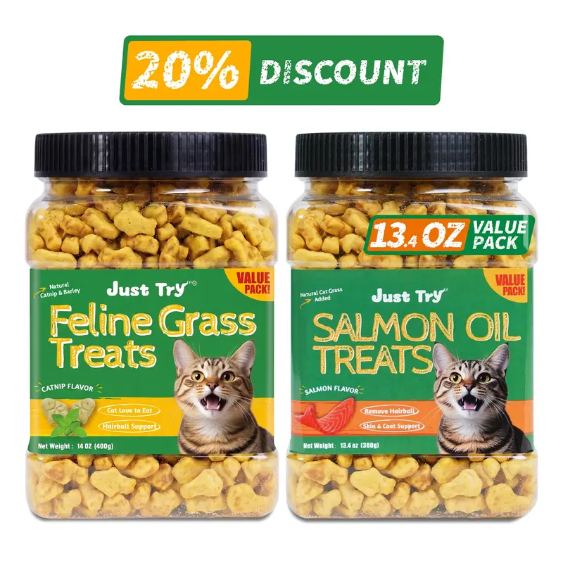 Salmon & Salmon Oil & Cat Grass Cat Treats | Skin & Coat + Digestion Support | Just TryCat Treats